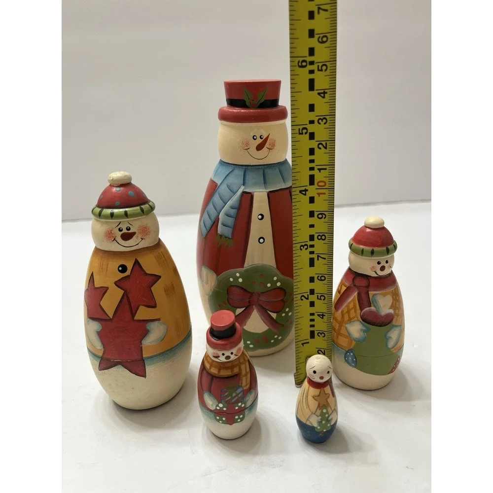 Vtg Nesting Dolls Vintage Wooden Snowman Family Set Of 5 Graduated Sizes